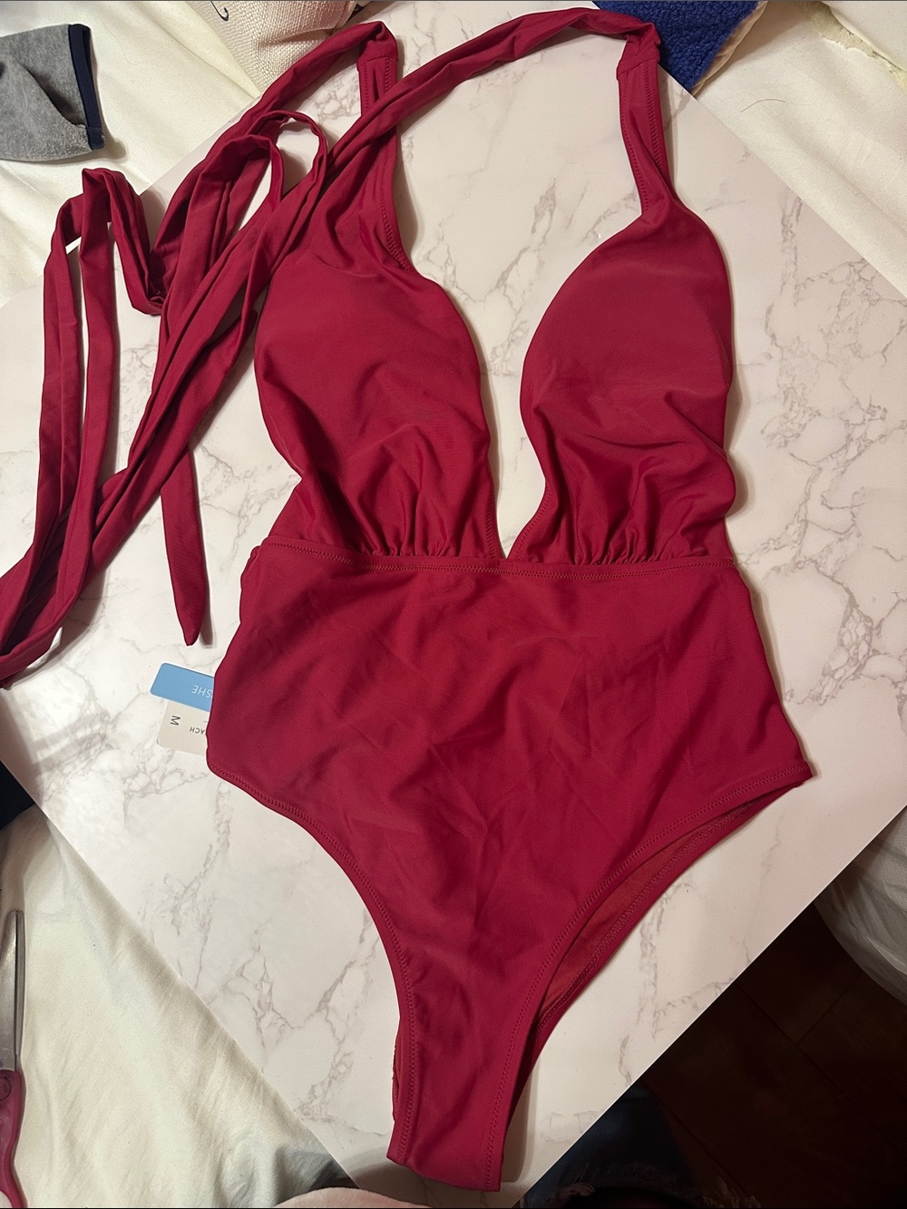 Cupshe Deep Red Plunge One-Piece strappy Swimsuit with open back